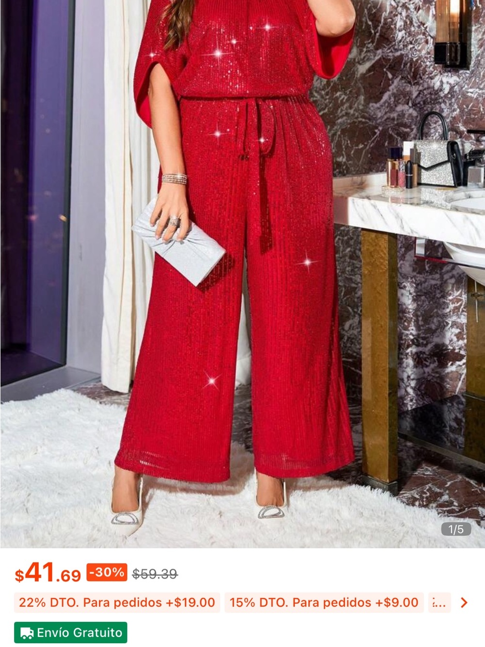 SHEIN Red Wide-Leg Sparkle Jumpsuit with Tie Waist